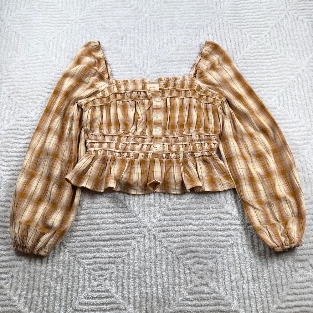 BaevelY Blouse S Plaid Smocked Square Neck Peplum Boho Milkmaid Cottagecore Fall